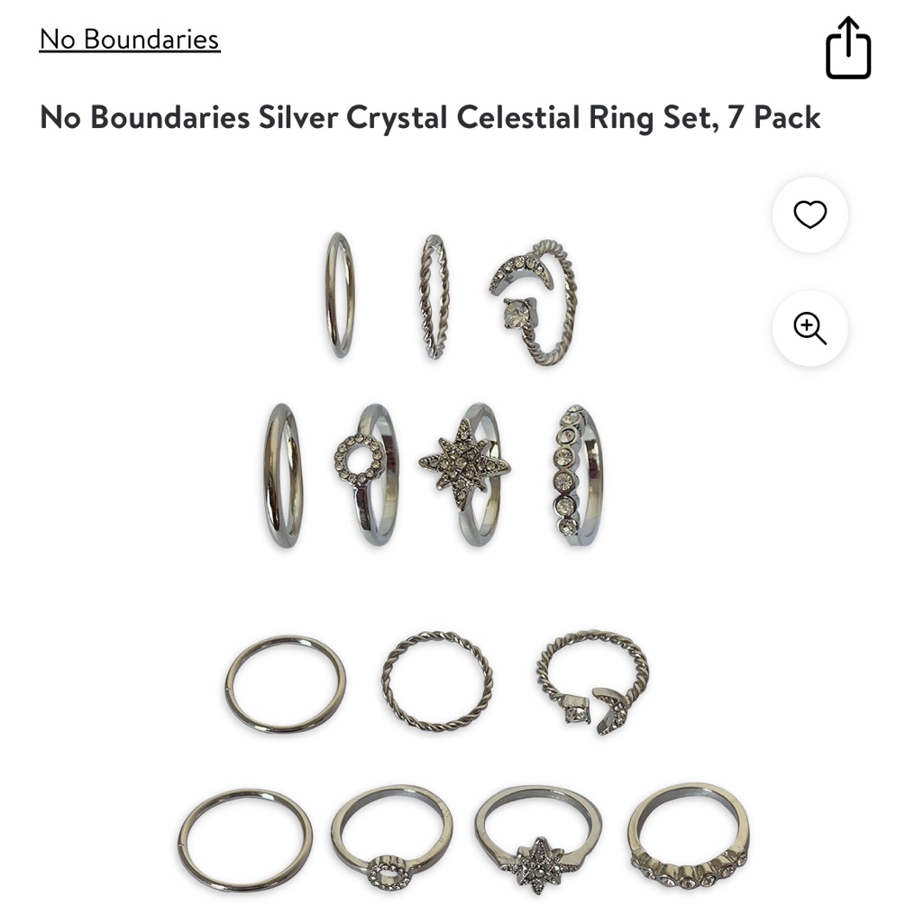Nwt No Boundaries Silver Crystal Celestial Ring Set, 7 Pack